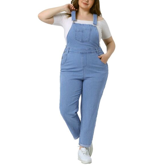 Agnes Orinda Pants - Plus Size Stretch Denim Bib Overalls Jeans Pants Jumpsuits Light Blue